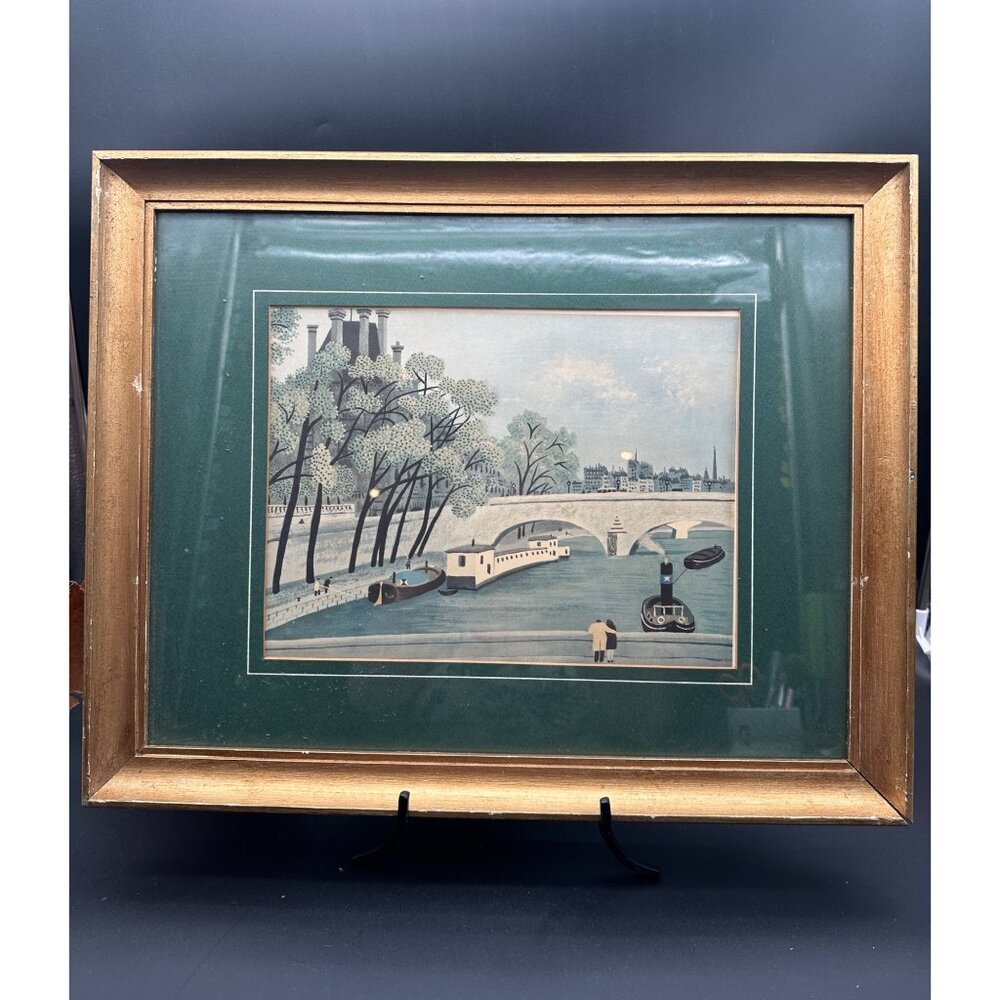 Vintage Framed Art Print 1940’s Artwork River with Bridges and Boats